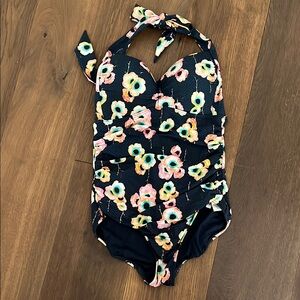 Seafolly Navy Blue Printed Ruched Push Up One Piece Swimsuit Halter Style